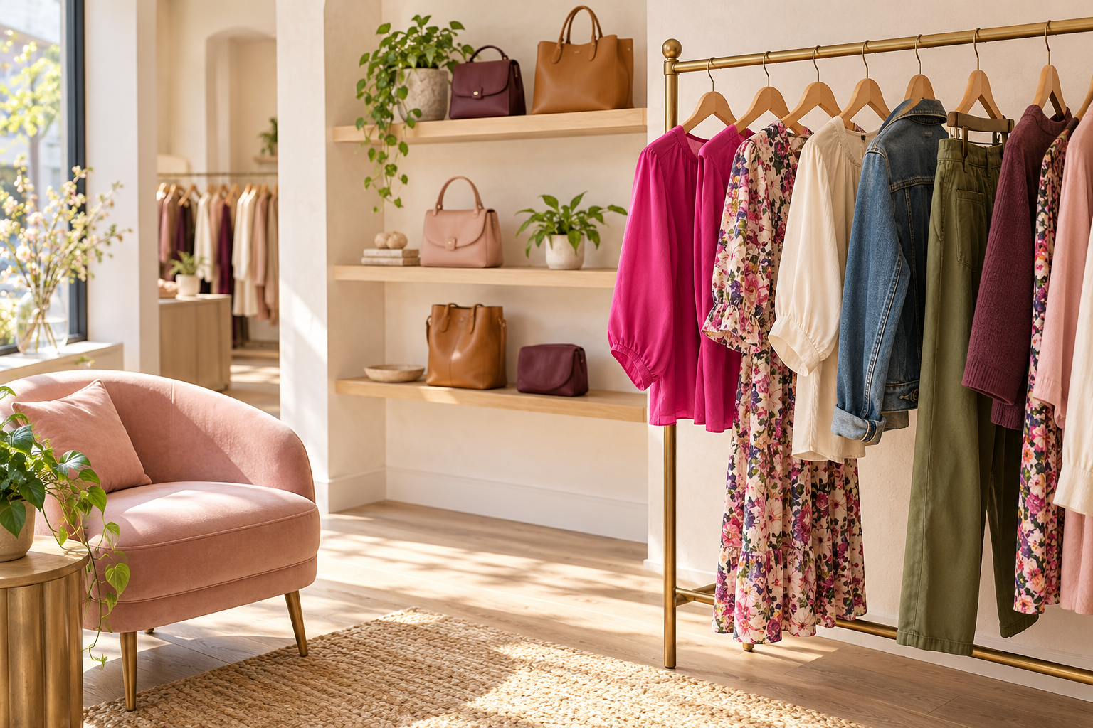 A light-filled boutique with a blush chair and a curated rack of colorful contemporary clothing